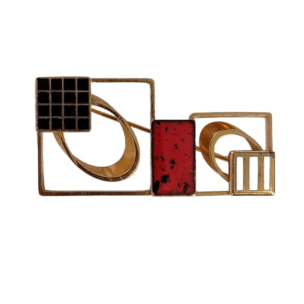 Gold Tone Modernist Black Red Porcelain Enamel Art Deco Style Square Brooch E2